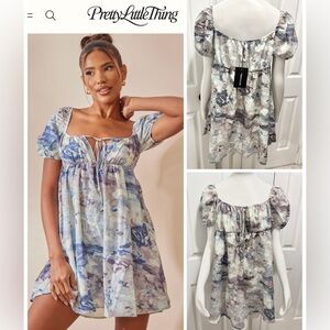 NWT PrettyLittleThing Grey Abstract Print Woven Ruched Bust Shift Dress Size 10
